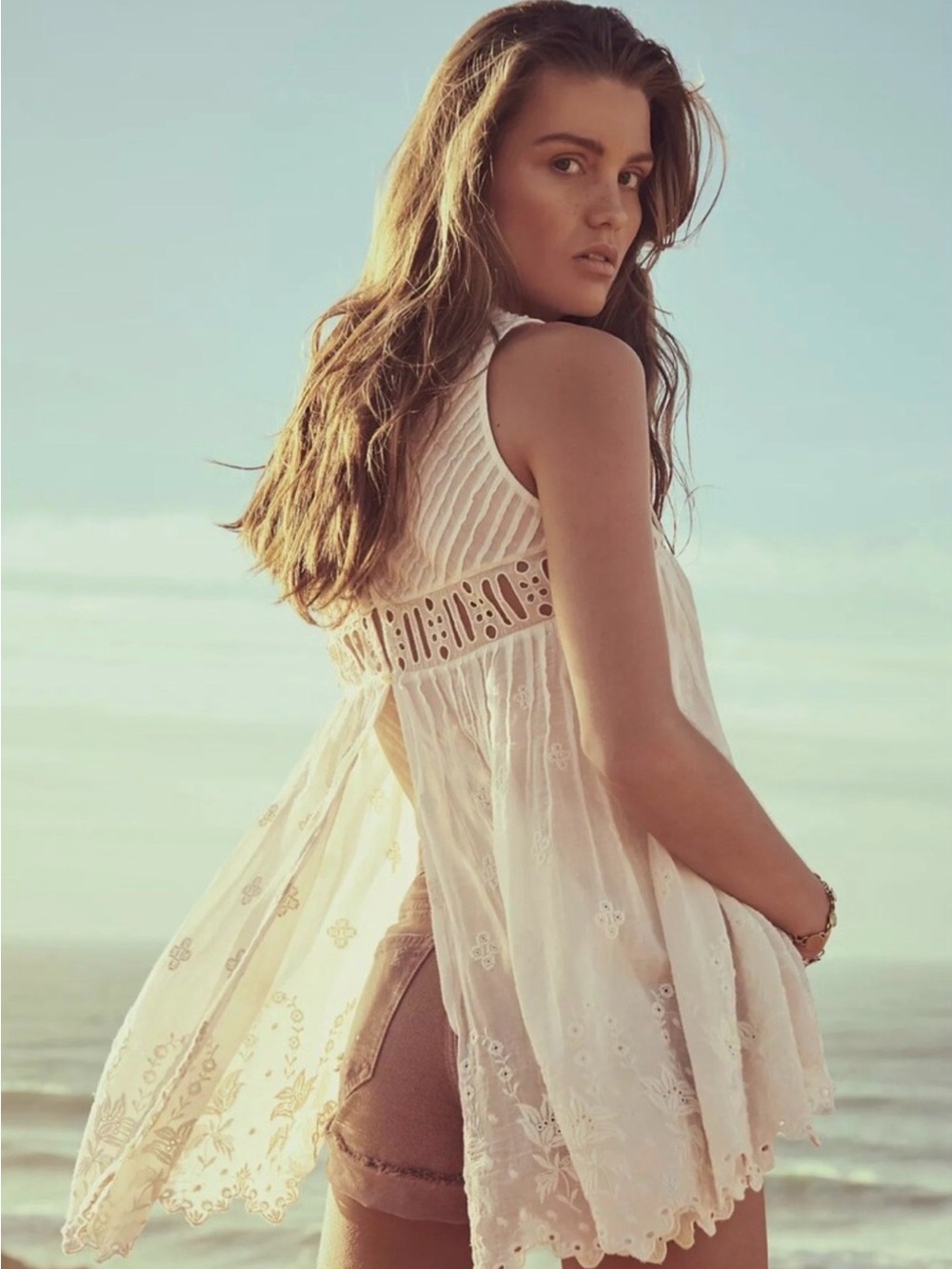 Free People Cream Sleeveless Eyelet Tunic Top